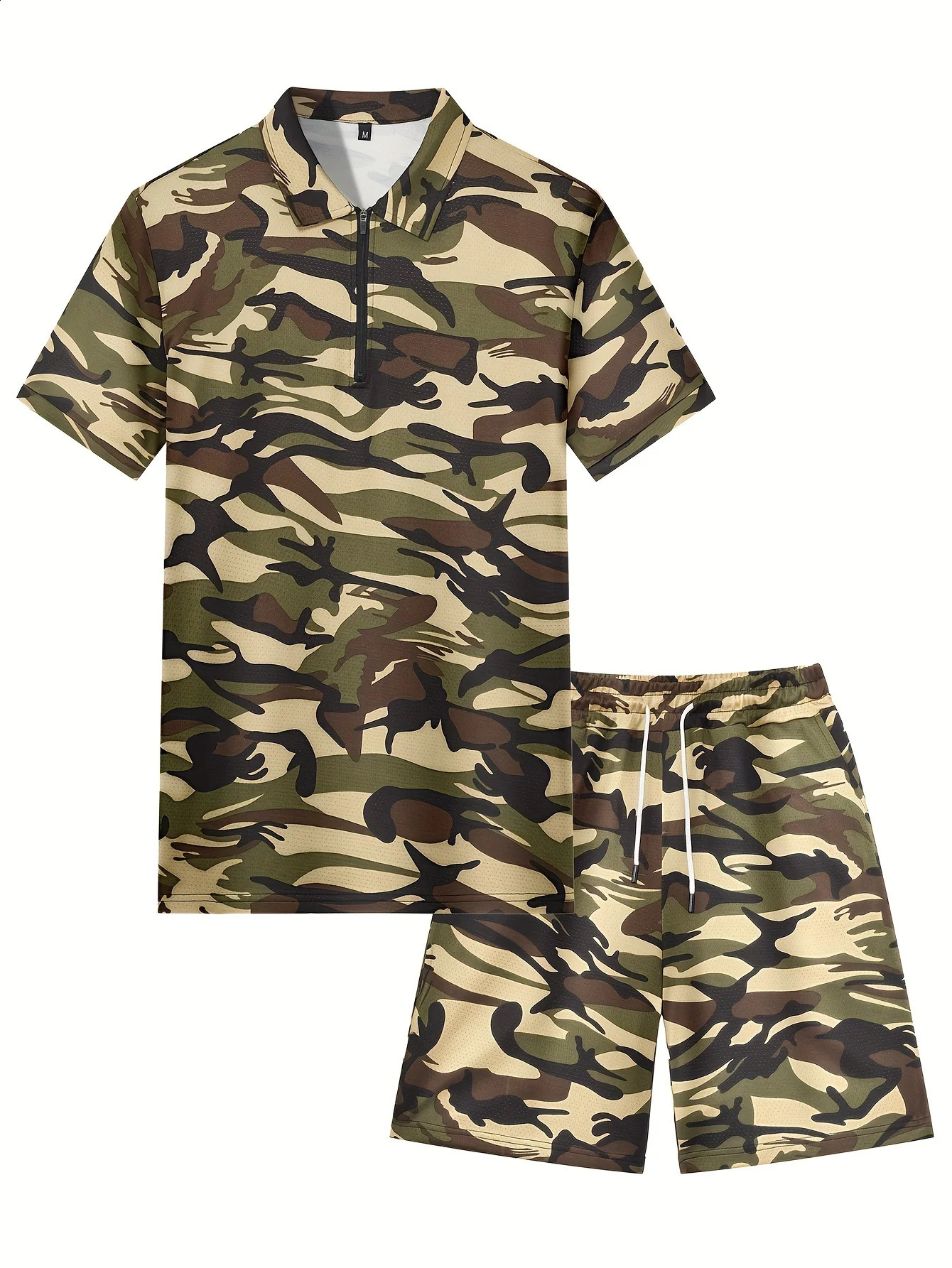 Mens Camouflage Two Piece Set Summer Daily Zipper Polo Shirt And Drawstring Shorts Outfit Loose Breathable Quick Drying Clothes 250530