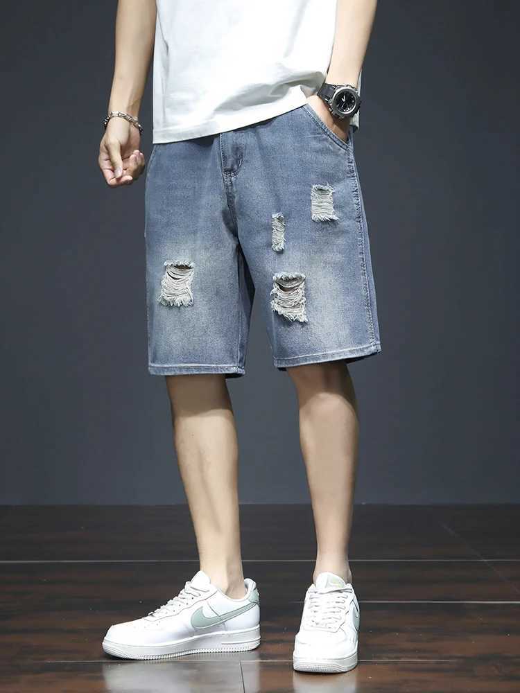 Summer Mens Blue Denim Shorts Y2k Cotton Loose Straight Ripped Fashion Shorts Men Korean Trendy Casual Streetwear Short Jeans T250603