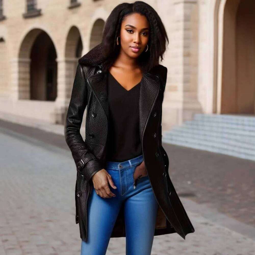 Nerazzurri British Style Brown Trench Coat for Women Double Breasted Runway Fashion 2023 Fitted Soft Faux Leather Blazer