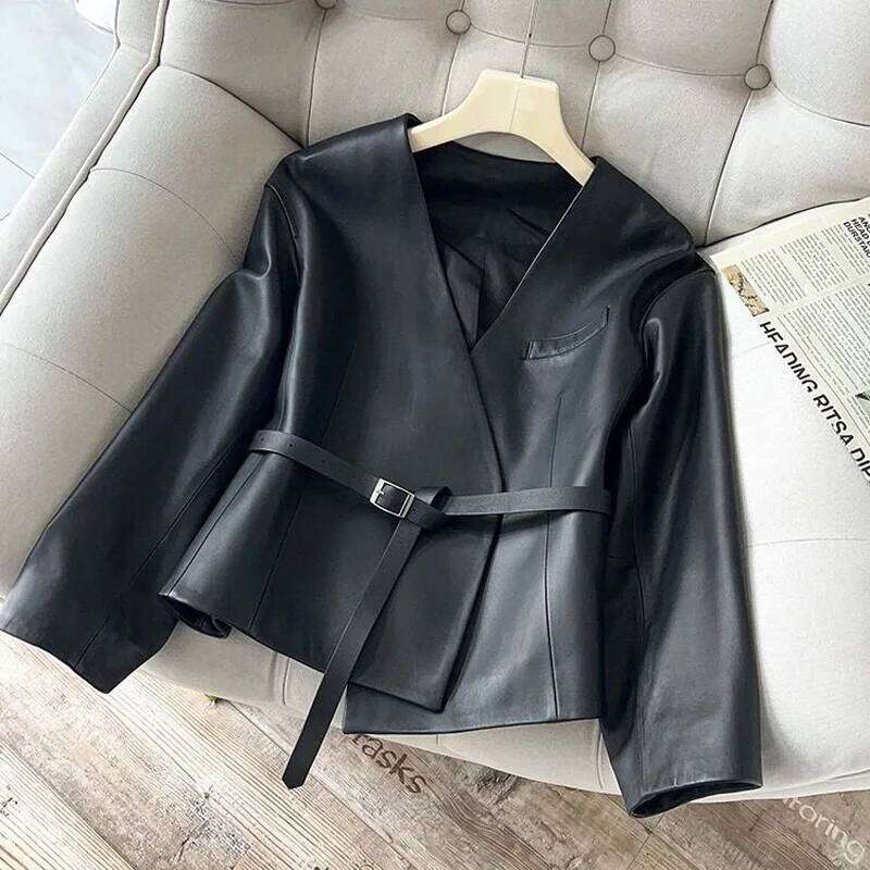 2023 Spring Women Clothing Elegant Female Genuine Leather Coat V- Neck Belt Jackets Streetwear Black Office Lady