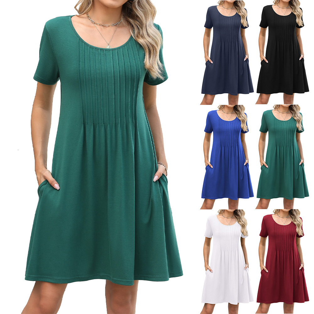 Luxury Designer Clothing Europe And America 2025 Summer New Item Solid Color Round Neck Striped Loose Short Sleeved Pocket Dress Designer Dress
