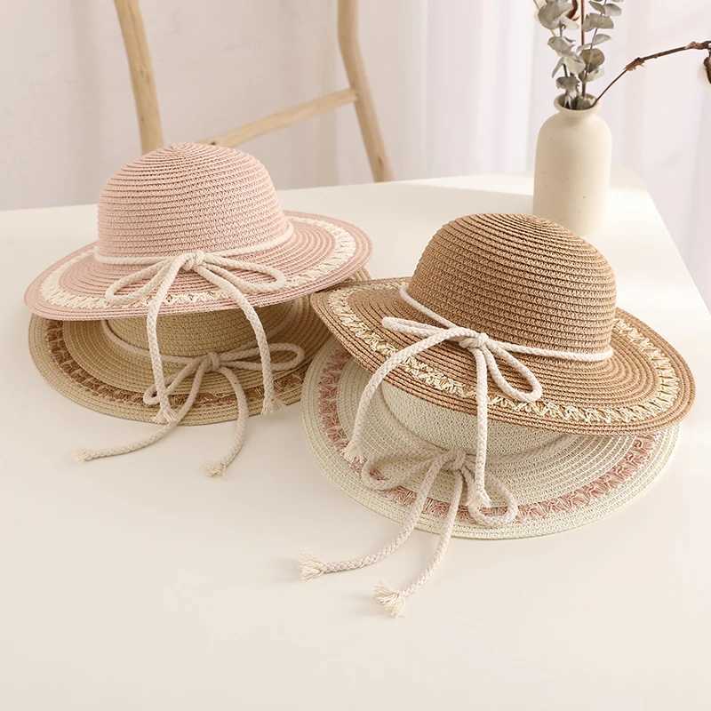 New Child Summer Sun Hat Bucket Cap Simple Beige Lace Bowknot Ribbon Flat Top Straw Hat Beach Outing Caps Panama W250602