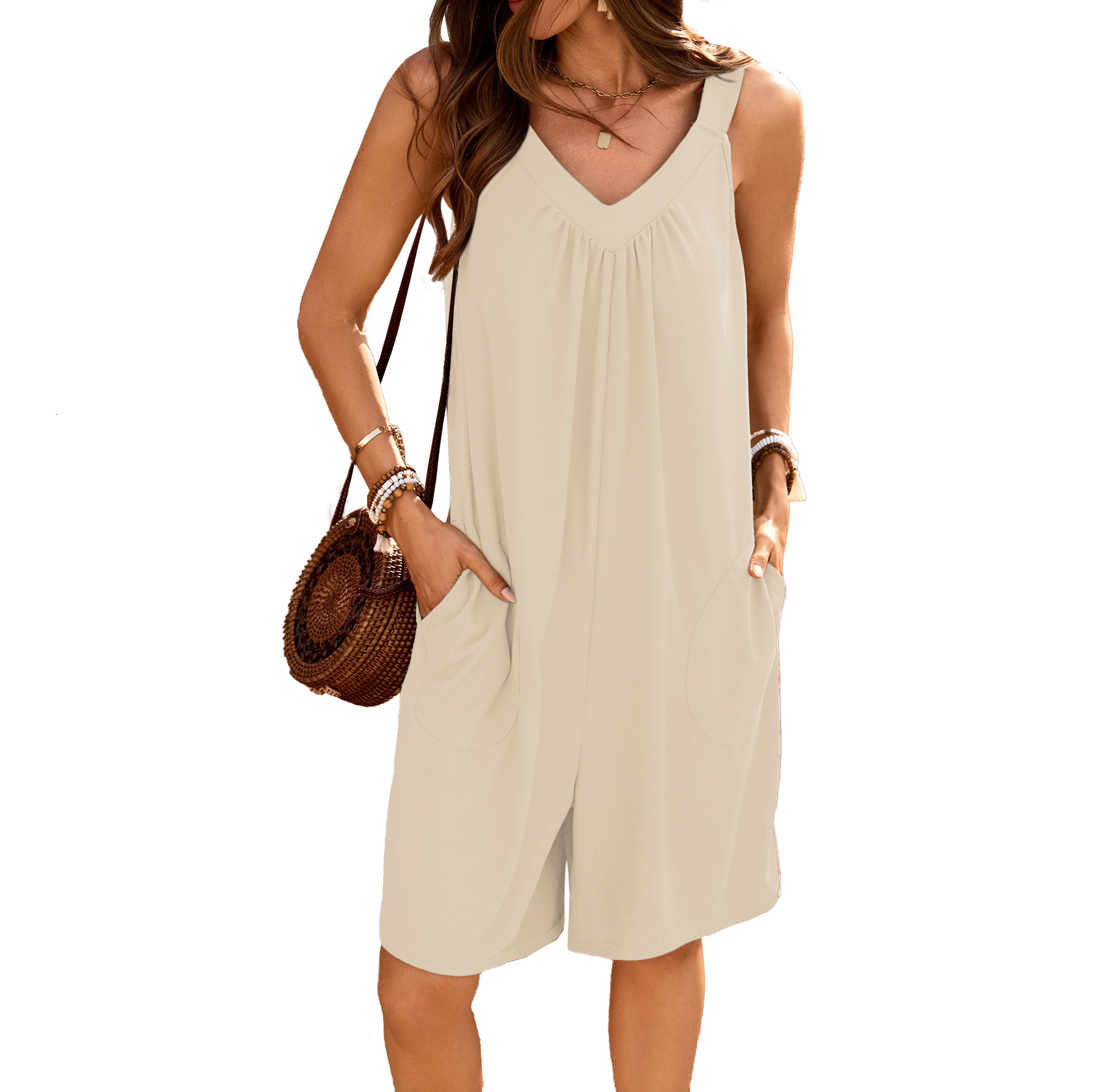 Luxury Designer Clothing European And American Summer Solid Color V-neck Loose Pocket Sleeveless Shorts Jumpsuit 2025 New Designer Dress