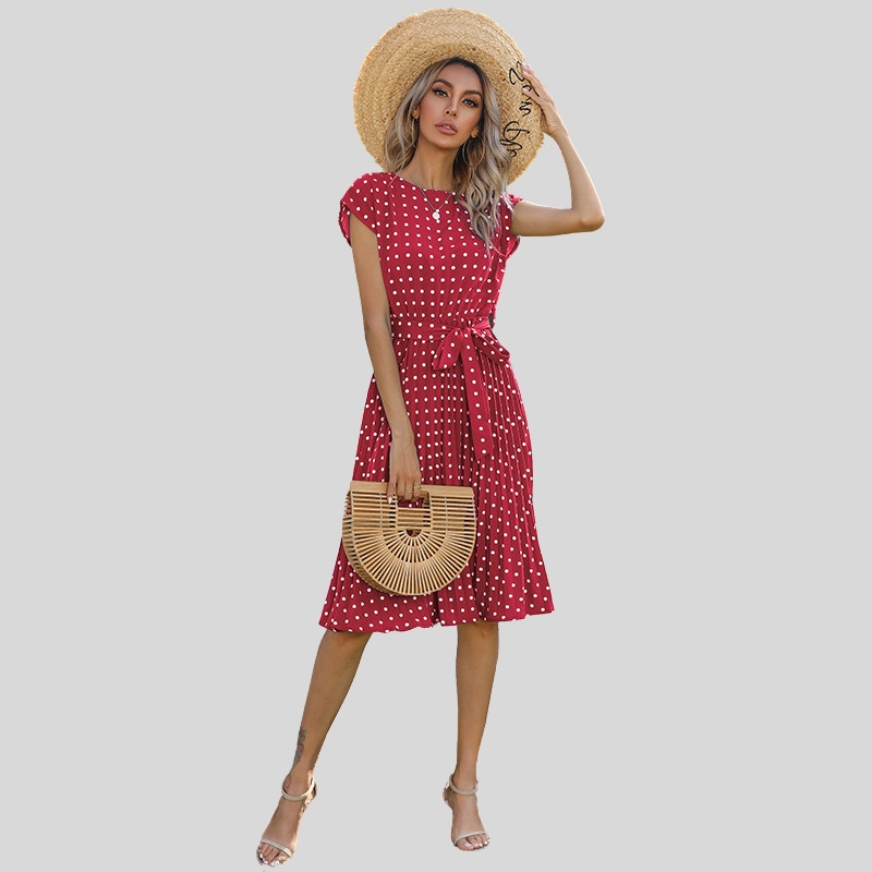 New summer hot-selling European and American medium and long dresses retro elegant short-sleeved polka dot pleated dresses