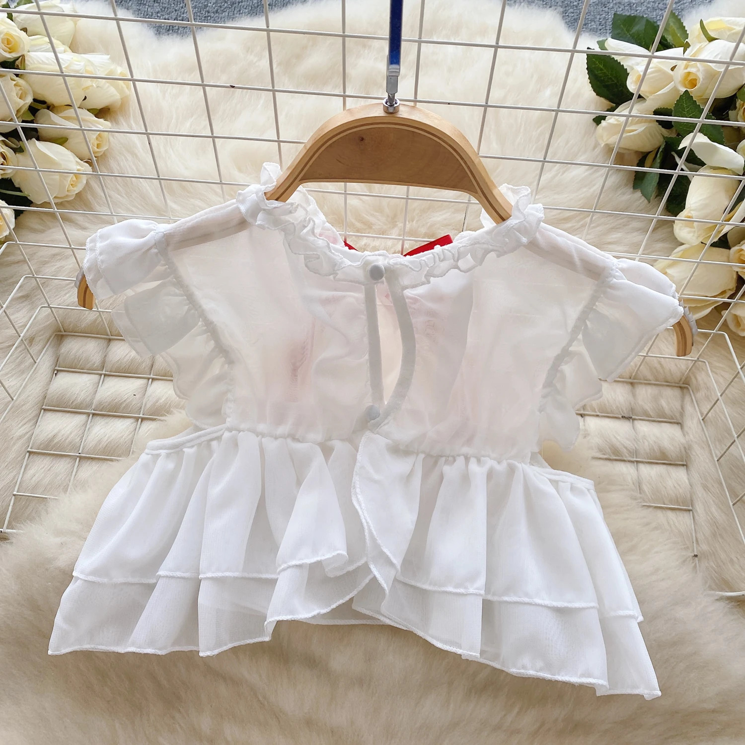 White Sweet Sexy Pajama Set Transparent Hollow Flying Sleeves Ruffled Crop Top Mini Pleated Skirt Hand And Leg Loops For Women 250603