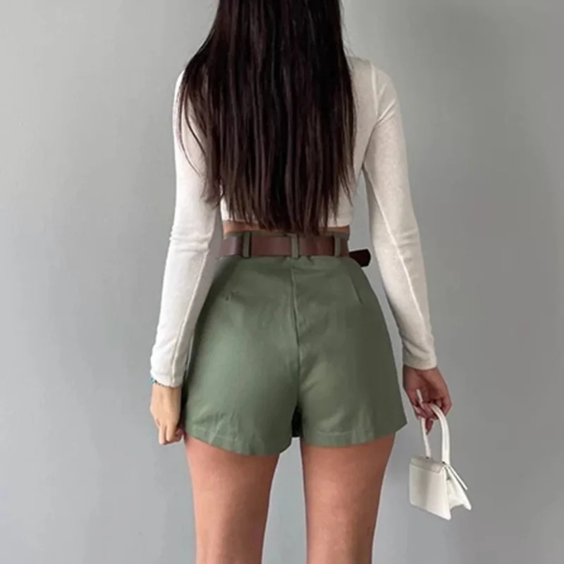 Retro Solid Color Womens Shorts Skirt Spring Casual Womens High Waist Pleated Mini Skirt Womens Street Slim Shorts Belt 250603