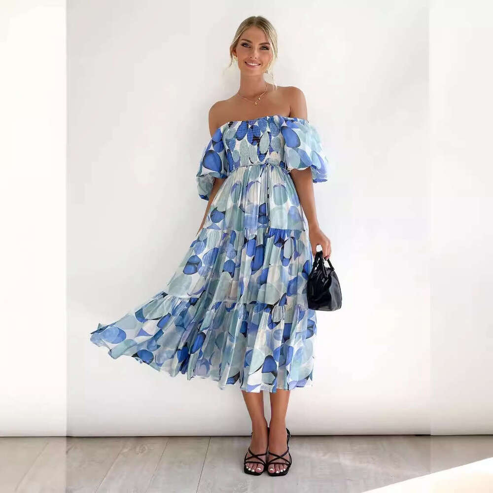 Summer New Puff Sleeve Vacation Slimming Long Hot Girl High Waist Off-Shoulder Printed Dress For Women B5