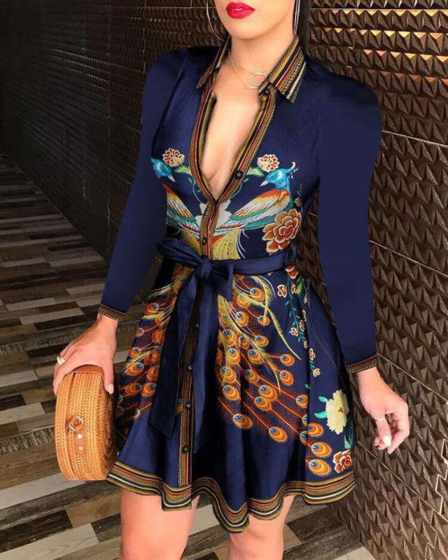 Plus Size Women Dresses Bandage Shirt Spring Summer Lace Up Button Down Chain Printed Lapel Neck Party Designer Fashion Sexy Dress 3XL Fall Clothes
