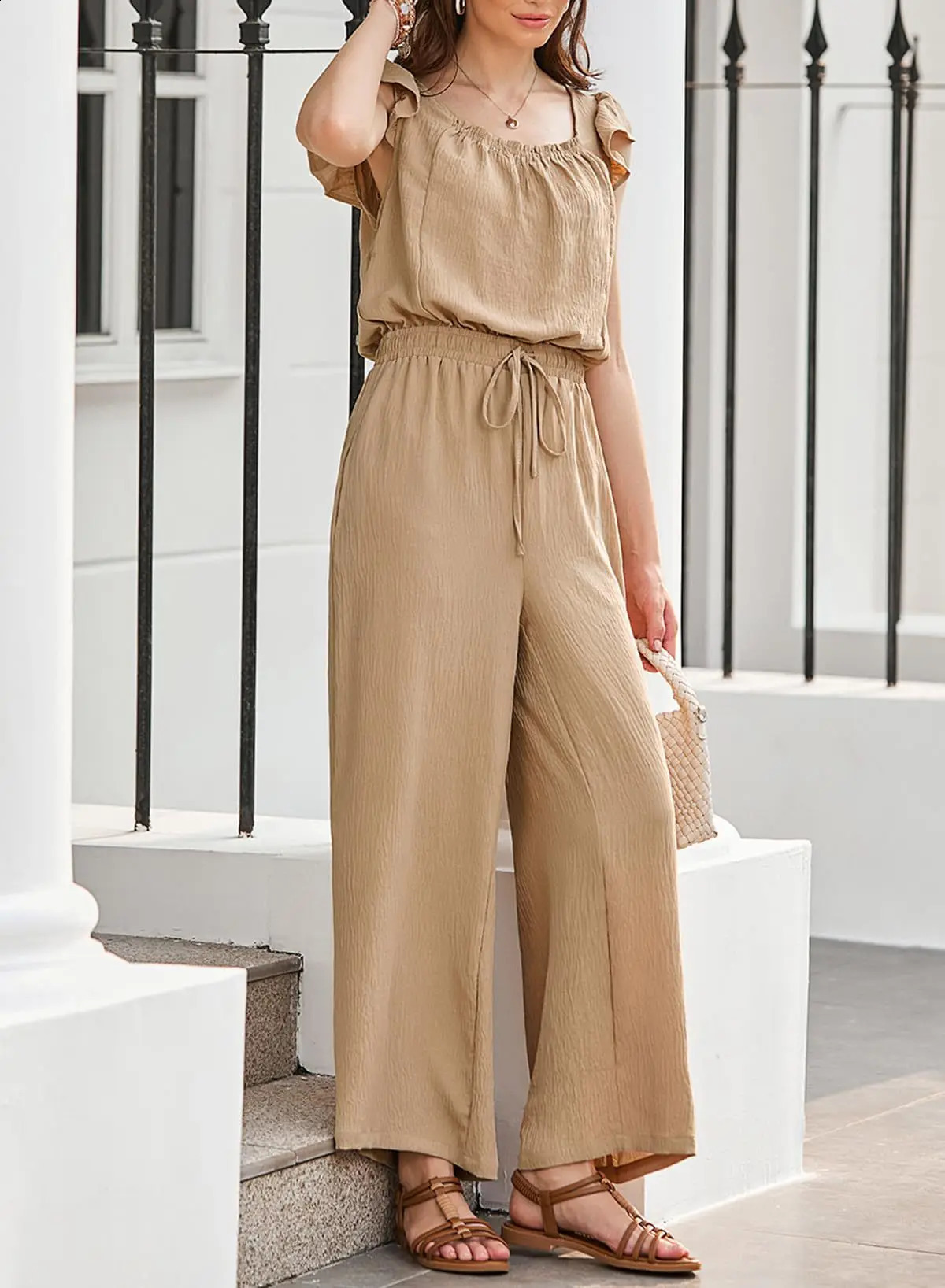 Summer Womens Jumpsuits Lotus Leaf Sleeves High Waist Slim Drawstring Square Collar Fashion Street Casual Jumpsuit 250530