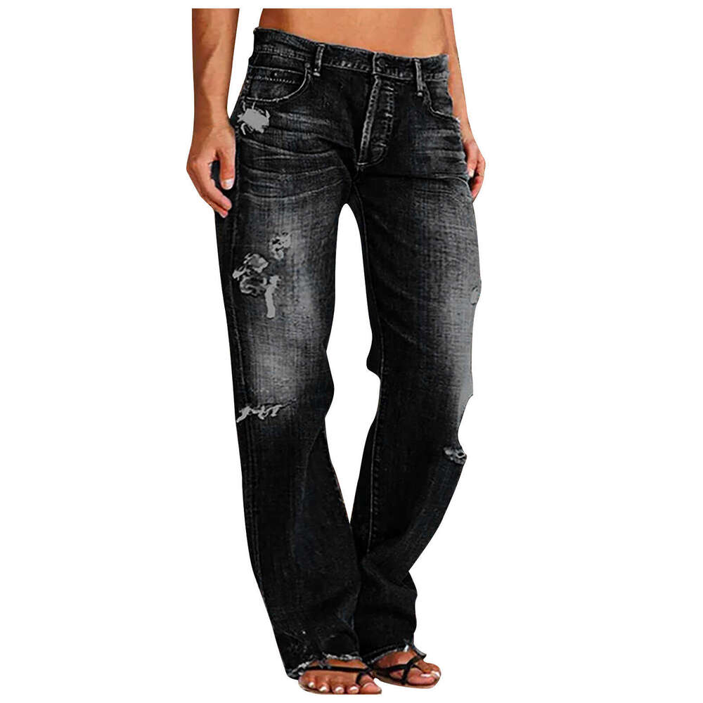 Women's Denim Trendy Distressed Mid-Waist Ripped Casual Straight Long Pants B5