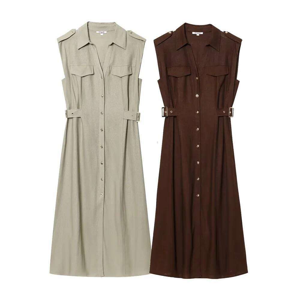 Khaki Brown Two Color Turn Down Collar V Neck Sleeveless Single Breasted Women Comfortable Long Dress 2025 Spring New