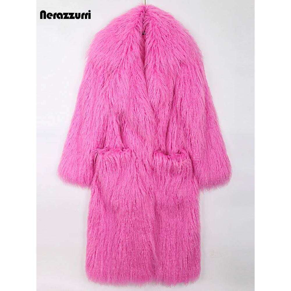Nerazzurri Winter Long Bright Pink Oversized Shaggy Hairy Soft Fluffy Thick Warm Faux Fur Coat Women Lapel Runway Cute Fashion