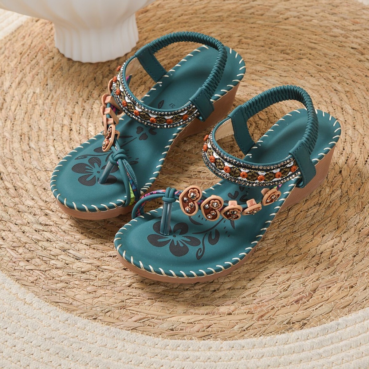 Ethnic Style Blue-Green Wedge Sandals with Colorful Beaded Heart-Shaped Hanging Decoration and Braided Strap Bohemian ddmythur
