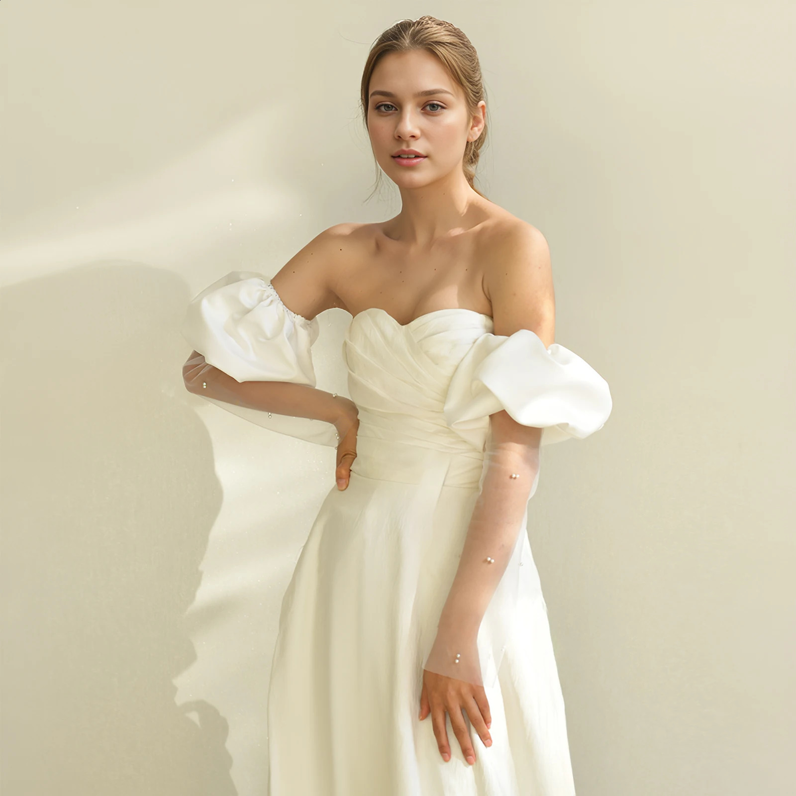 Youlapan MM36 Fashions Most Trend Bridal Gloves White Satin Puff Sleeves and Breathable Tulle Splicing Gloves 250530