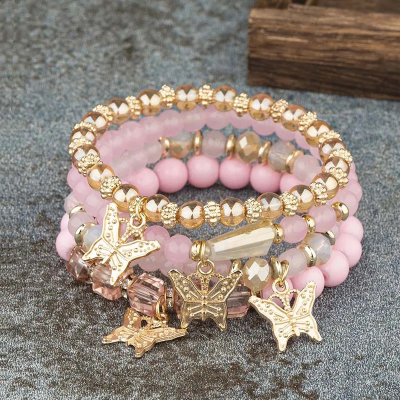 4Pcs Trendy Butterfly Beaded Bracelet Set For Women Pink Acrylic Beads Elastic Chain Bangle Female Bohemian Party Jewelry Gift 250528