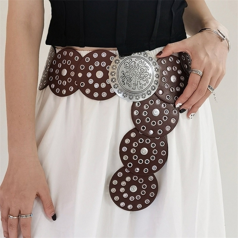Womens Western Denim Belt High Quality Metal Hollow Ladies Trend Wide Waistband Vintage Personalized Round Belts DT148 250603