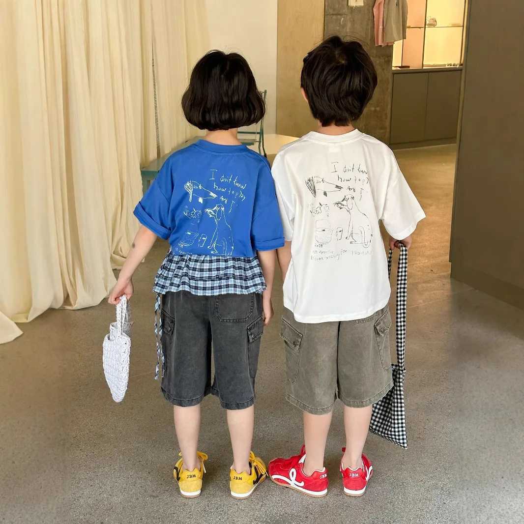 2025 Summer Korean Version Short Sleeved Pure Cotton New Item for Boys and Girls Printed Fashion Trend Loose Round Neck T250603