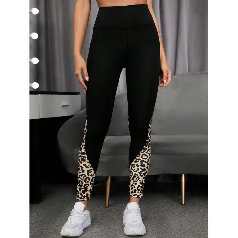 Women Printed Yoga Leggings Leopard Splicing Together Leggings High Waist Butt Lift Fashion Fitness with Pocket Legging 250603