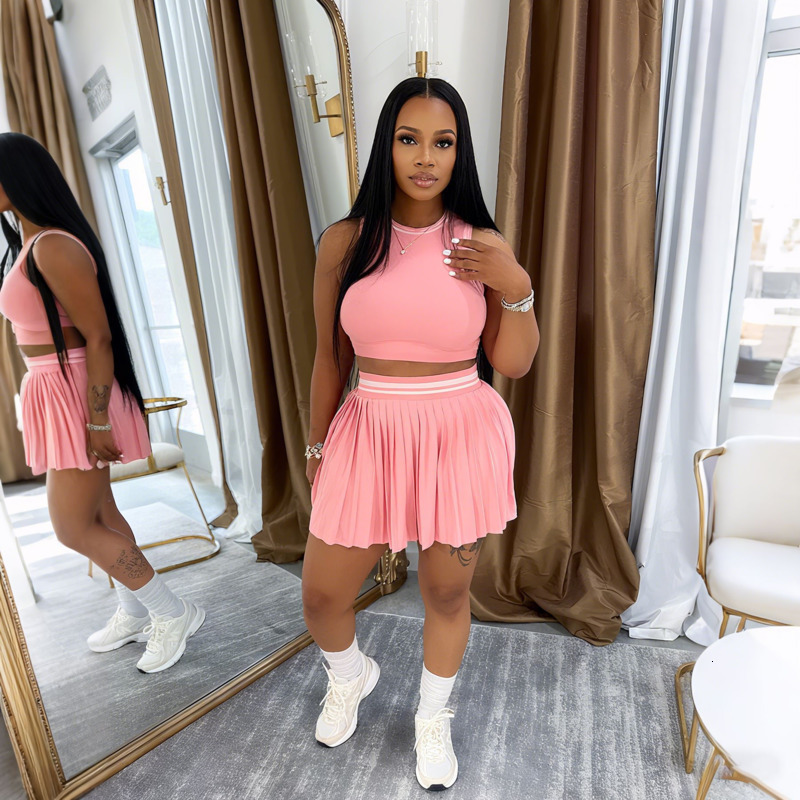 Womens Two Pieces Dress Set 2025 New Fashion Sleeveless Short Vest Casual Pleated Skirt Set 6 Colors