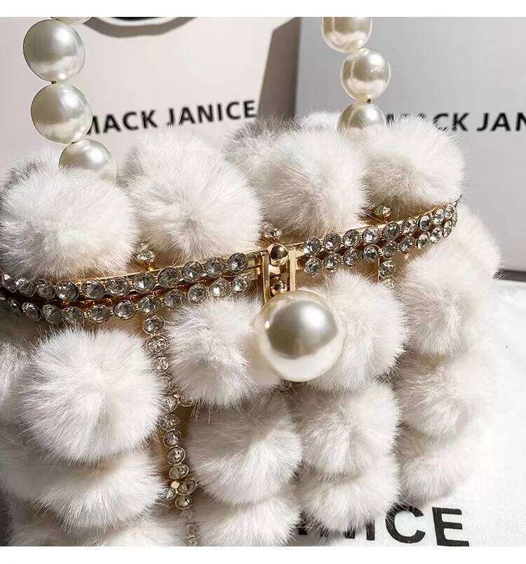 Mink Hair Metal Cage Pearl Beading Women's Handbag Crystal Dias Evening Wedding Party Clutch Purse Crossbody Bag