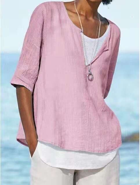 Spring Summer V-Neck Solid Color Cotton Linen Plus Size Mid-Sleeve Women's Shirt B5