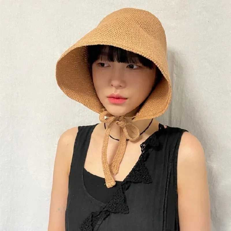 Korean Ins Solid Color Casual Versatile Cotton and Linen Loli Hat Spring and Summer French Flat Top Big Brim Bucket Hats Women W250602