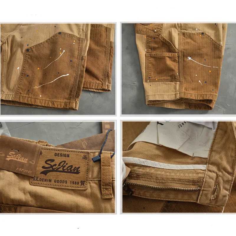 Personality spray paint to do old cargo shorts mens American casual color patchwork fishbone nail loose straight mid-leg pants T250603