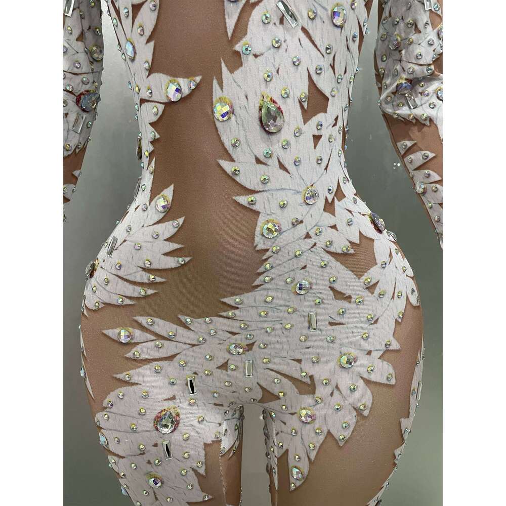 Sexy Crystal High Stretch Bodycon Long Sleeve Jumpsuit Women Celebrate Nightclub Party Club Performance Costume Stage Wear