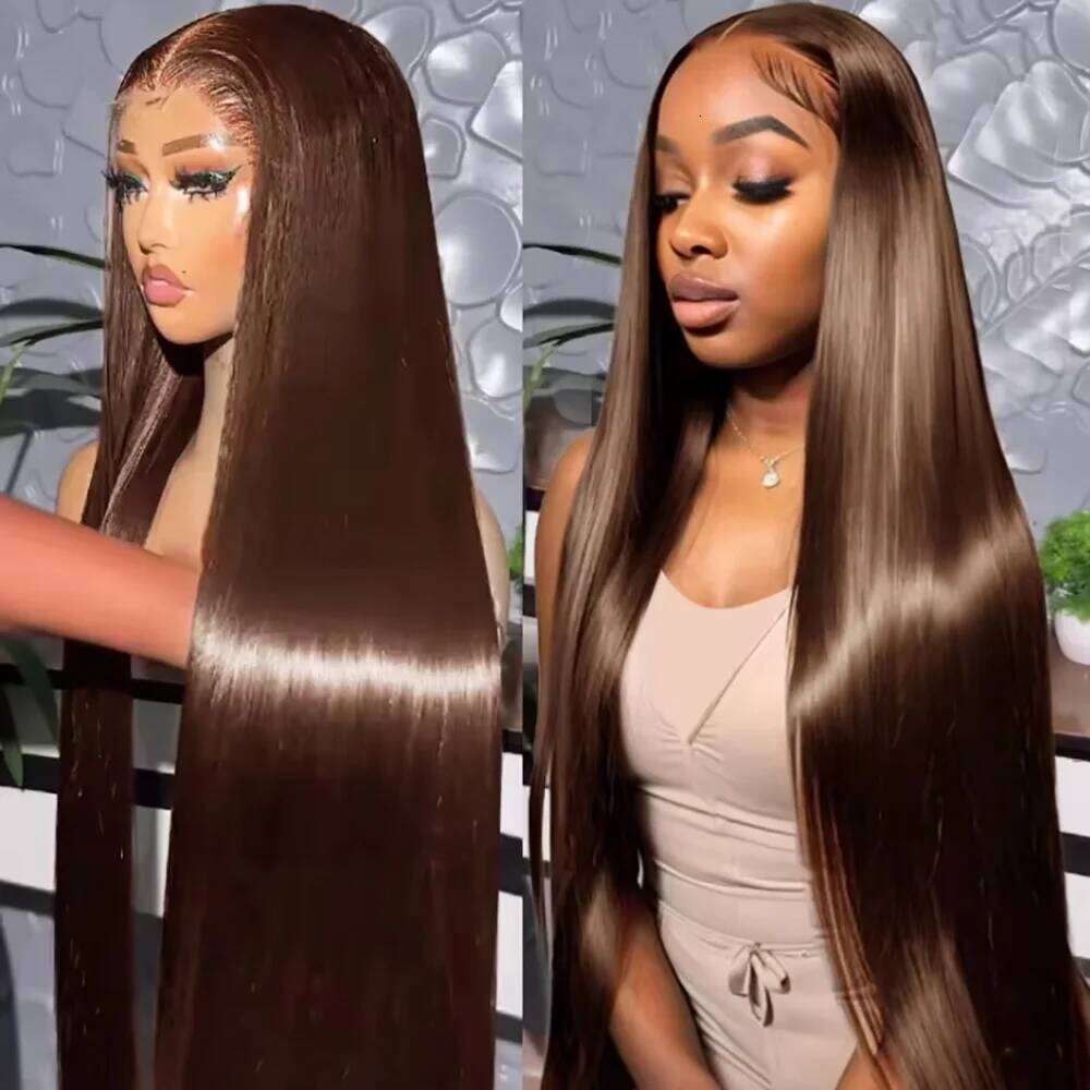 4# 13x6 Human Hair Chocolate Brown Straight HD Lace Frontal Wigs For Women