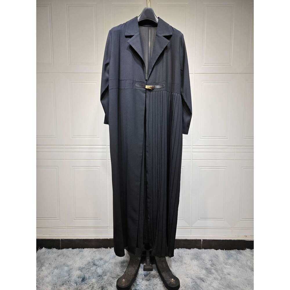 Mq115 Abaya Cardigan Robe Pleated Coat Muslim Arabic Fashion Leather Buttons B5