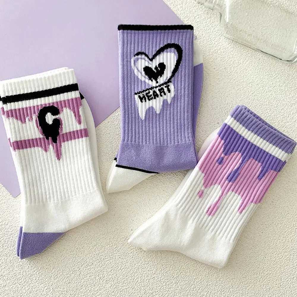 Women White Socks Cute Cotton Socks With Hearts Kawaii Preppy Korean Style Anime Purple Women Socks Set 5 PairT250602