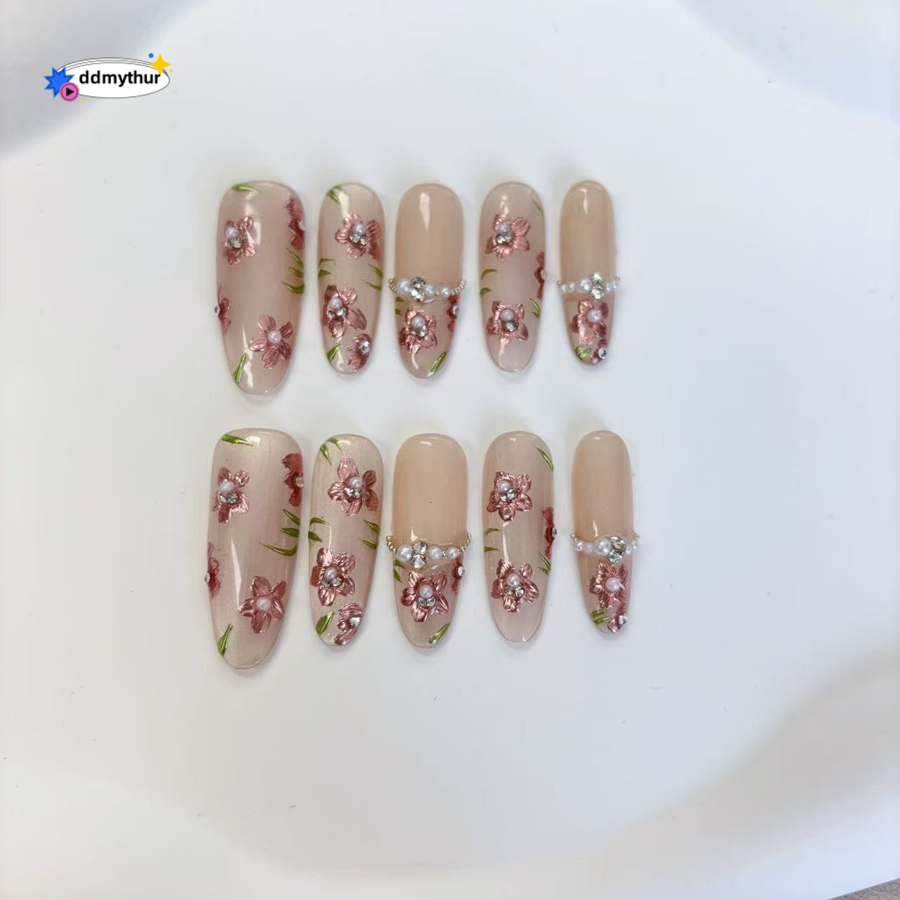 New Oval Nude French Wearable Cat Eye Flower Pearl Fake Nails Fresh Cute Nail Stickers ddmythur