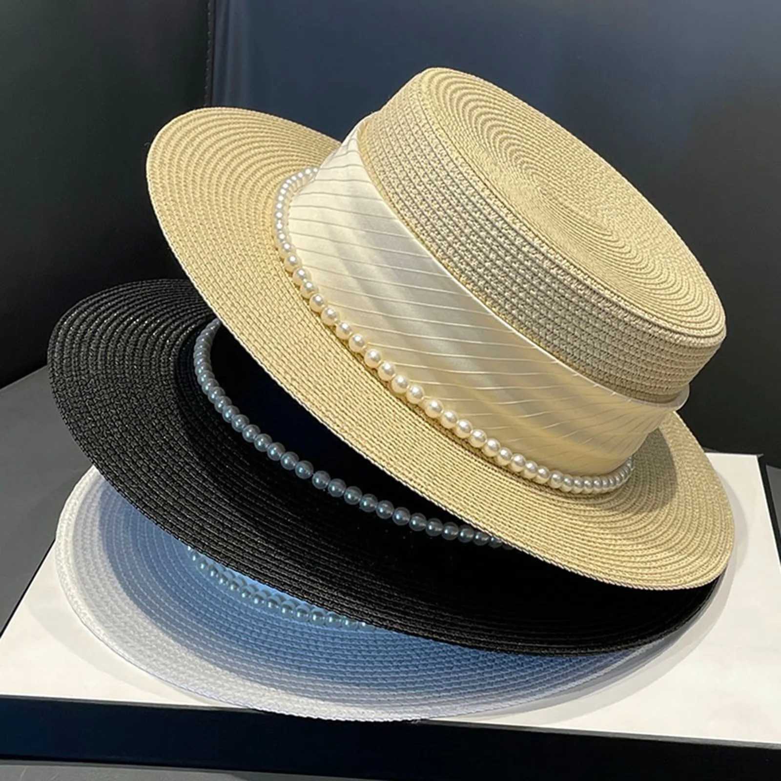 Women Summer Straw Hat Decorative Pearl Wide Brim Flat Top Hat Bucket Hats UV Protection Beach Holiday Sun Cap W250602