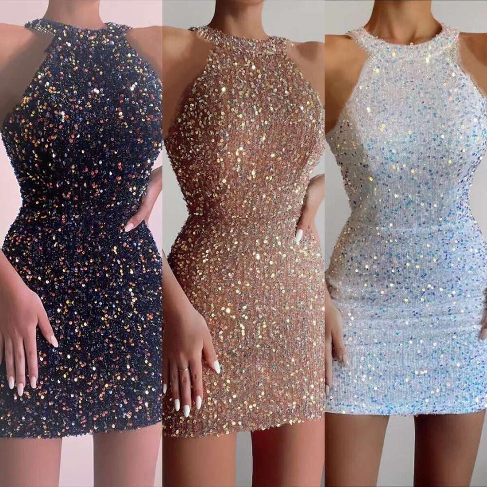 European and American fashionable neck hanging sexy crystal tassel wrapped hip sequin mid waist evening dress 2025 new casual fashion trend clothing