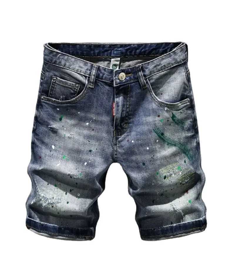 Fashion Luxury Brand Korean Streetwear Ink Dot Hand-decorated Mens Jeans Y2K Vintage Slim Ripped Jorts Distressed Denim Shorts T250603