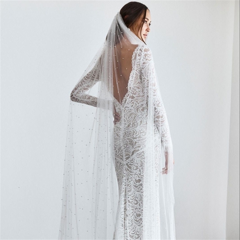 Pearls Bridal Veil Soft 1 Tier Beaded Wedding Veil for Bride Cathedral Length with Comb Wedding Accessories 250530