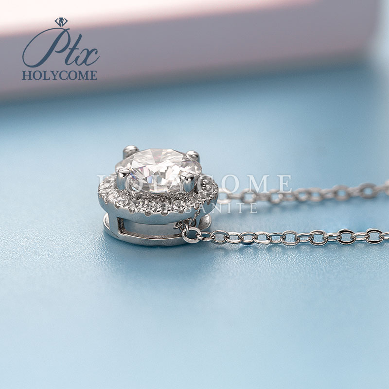Fashion halo Round Brilliant Diamond Pendant Necklace 925 Sterling Silver Rhodium Plated 1CT D Color VVS Moissanite Jewelry for Women