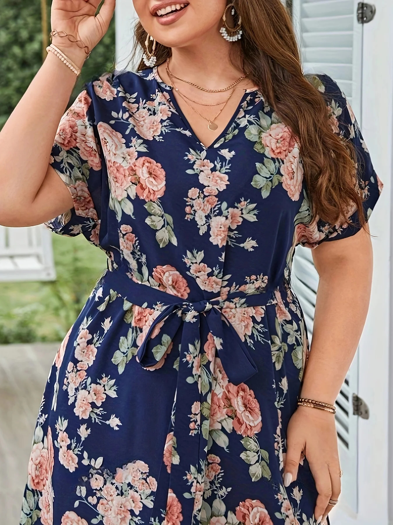 Plus Size Summer Women Elegant Dress Vacation Vintage Floral Print Casual V Neck Lace Up Dresses 250526