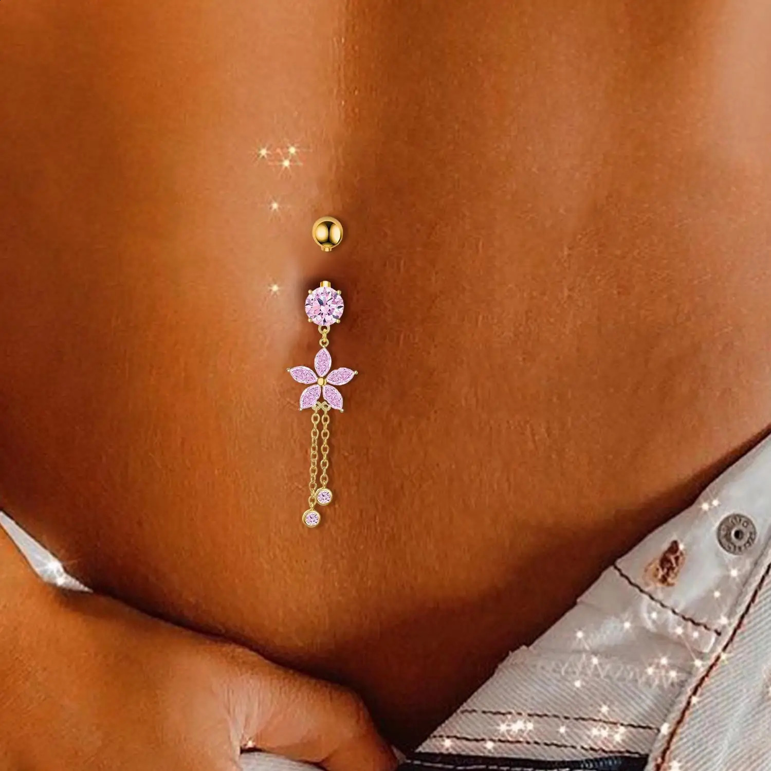 16G Stainless Steel CZ Dangle Belly Button Piercing Flower Tassels Navel Ring Dangling Women Navel Piercing Rings Body Jewelry 250530