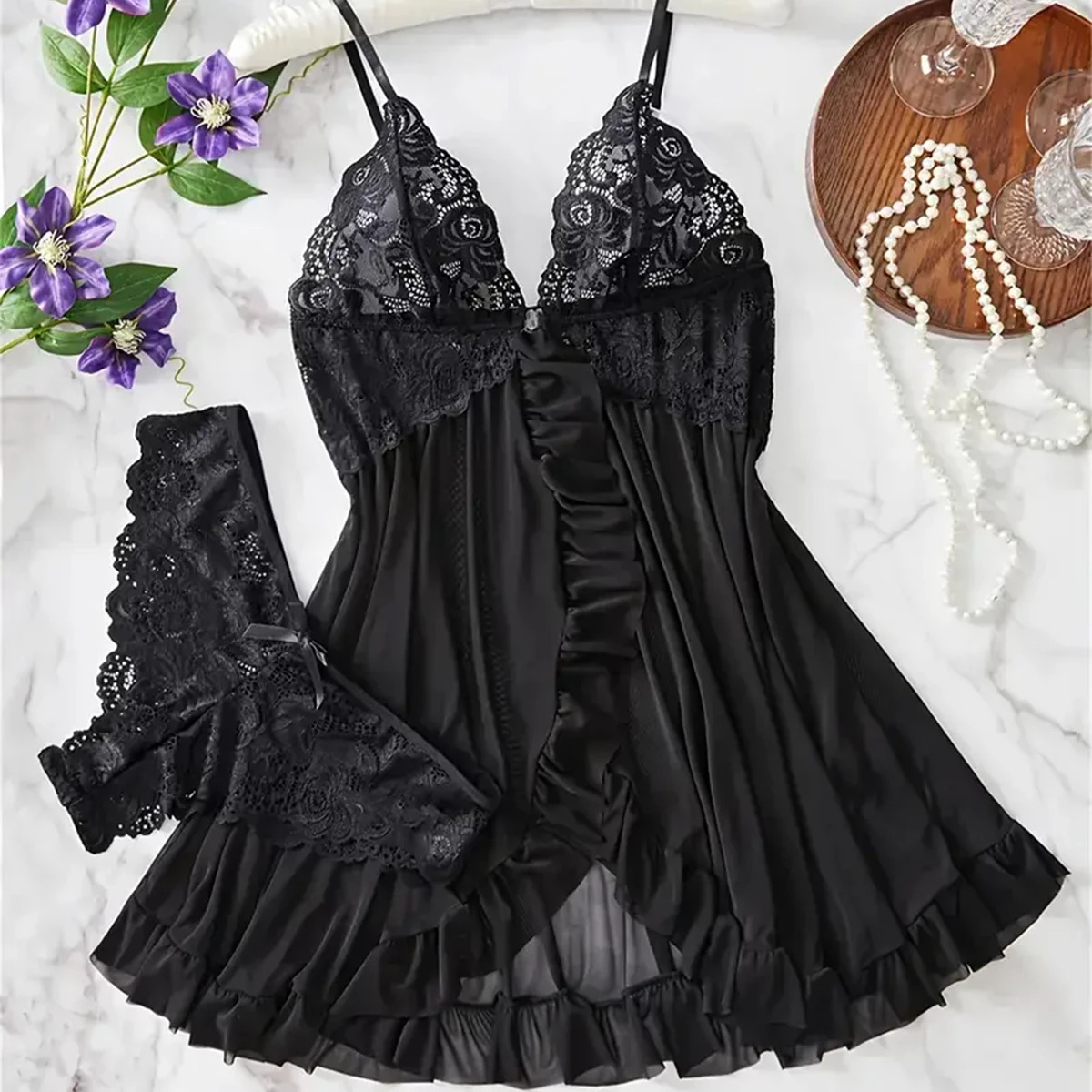 Exotic Cotumes Transparent Dress Erotic Pajamas Set Lace Sleepwear For Women Babydoll Sexy Lingerie Nightdress Open Bra 250603
