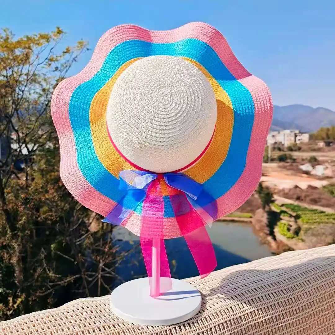 Rainbow Hat Womens Colorful Big Brim Straw Hat Summer Sunscreen Sunshade Hat Tourism Sun Hat Beach Hat Wholesale W250602