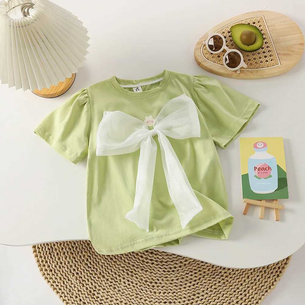 Girls T-Shirts 2023 Rabbit Print With Bow Puffed Sleeves Kids Clothes Girls T-Shirts Children Tops T-shirt For 2-6 years T250603