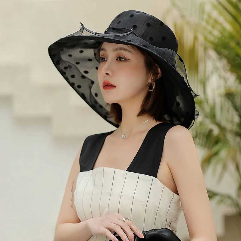 Elegant temperament Hat For Women Dot Chiffon Bucket Hat Organza breathable Beach Hat summer big eaves sunshade fisherman hat W250602