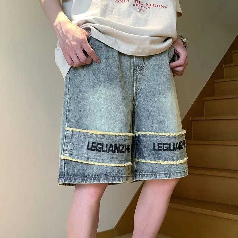 American Retro Washed Distressed Denim Shorts For Men Hip Hop Letter Printed Baggy Jorts Summer Spliced Y2K Streetwear Bermuda T250603