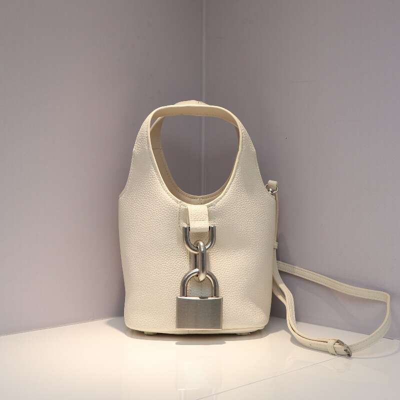 New Locker Lock Hobo Litchi Pattern Basket Bucket Bag First Layer Cowhide Single Shoulder Handbag