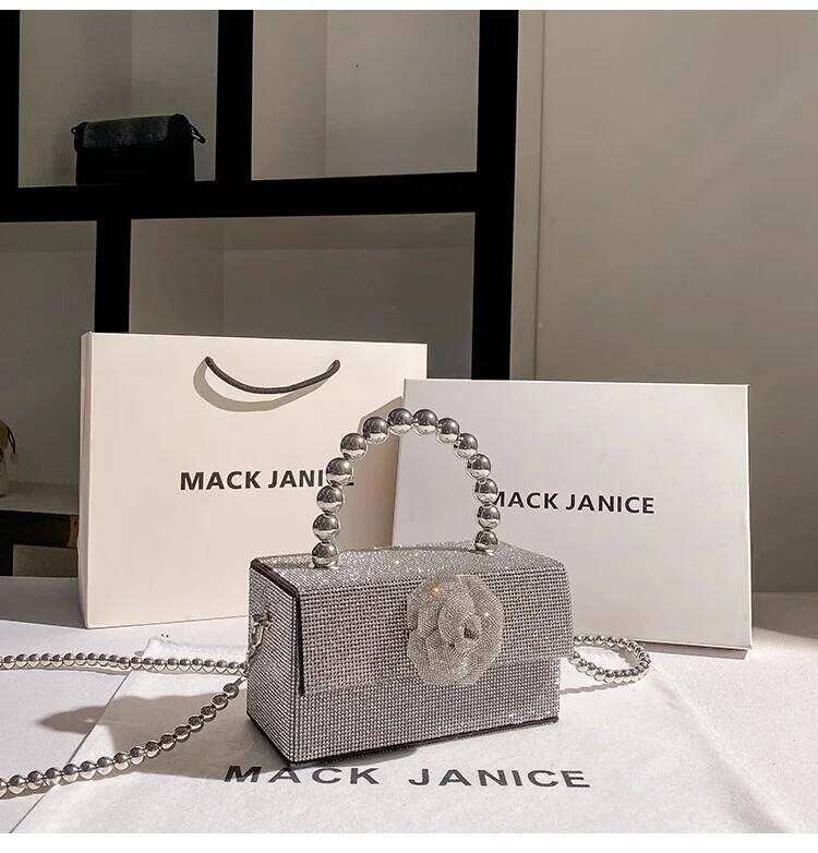 Beads Beaded Square Box Women's Handbag Glitter Rhinestones Dia Evening Wedding Party Clutch Purse Shoulder Bag