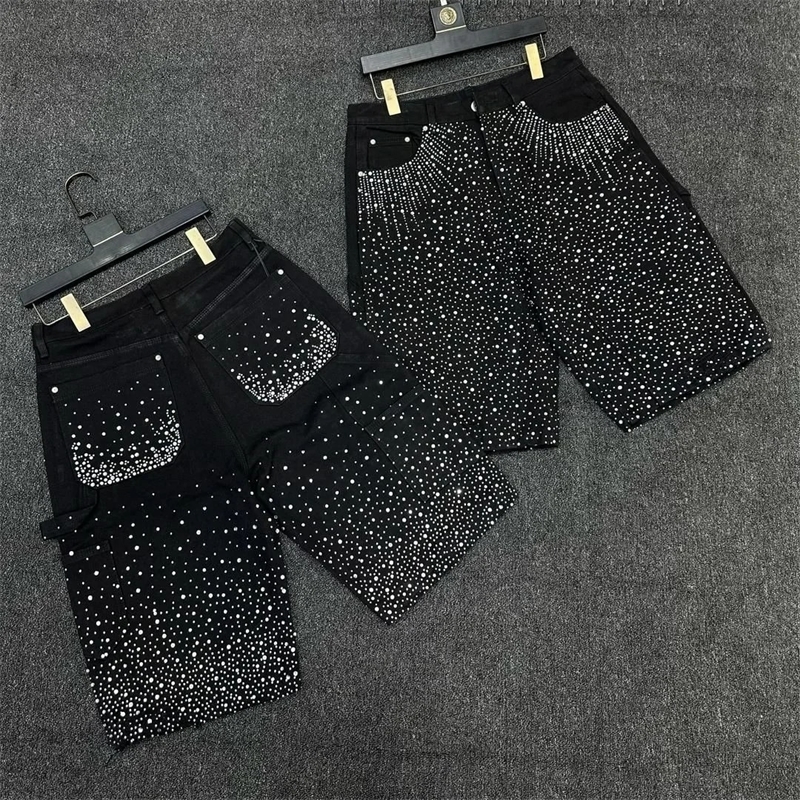 Gothic Retro HipHop Flash Diamond Black Denim Shorts Mens Y2K Trend Harajuku Casual Joker Sweatpants Street Wear 250522