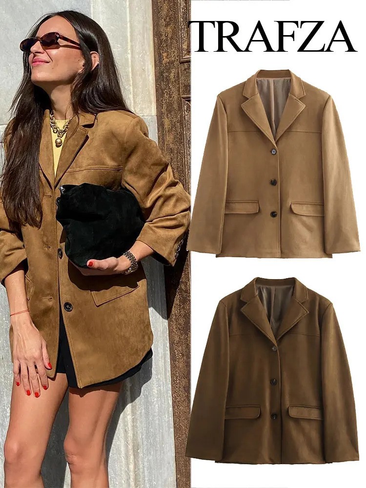 TRAFZA Womens Winter Fashion Solid Color Blazer Lapel Pocket Decorated Casual Top Womens Loose Short Coat Street Jacket 250603