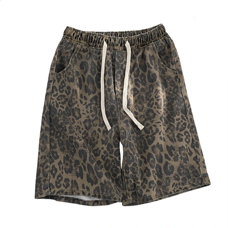 Men Leopard Denim Shorts Summer Thin American High Street Drawstring Casual Pants Loose Versatile Handsome Trousers 250529