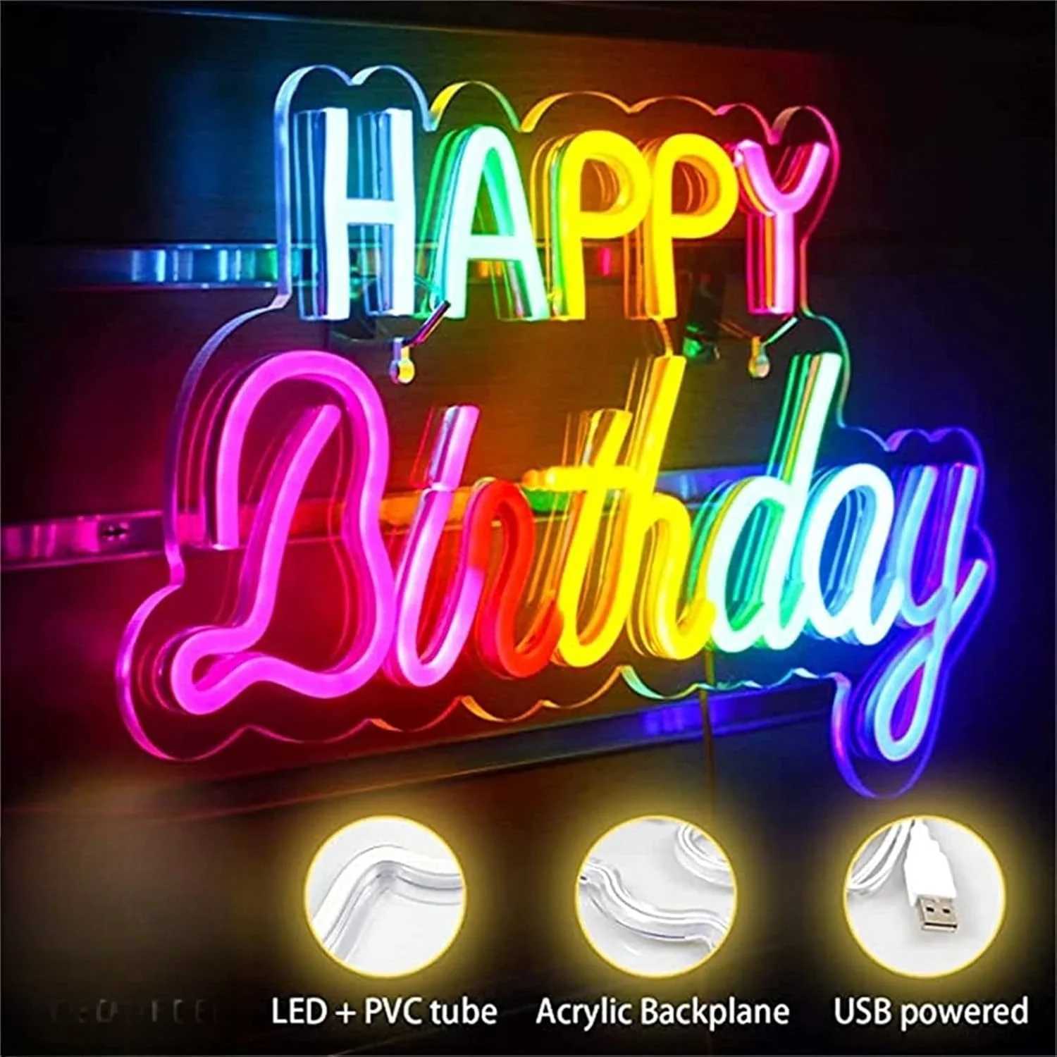 Happy Birthday Neon Sign LED Neon Light for Wall Decoration USB Powered for Bar Club Bedroom Living Room Decor Birthday Gifts XJ250602